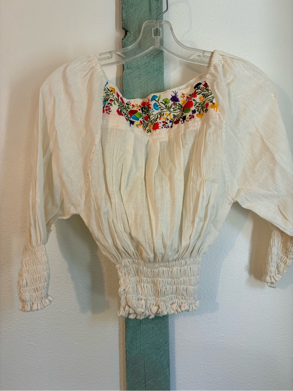 Cream Embroidered Peasant Blouse with Smocked Waist